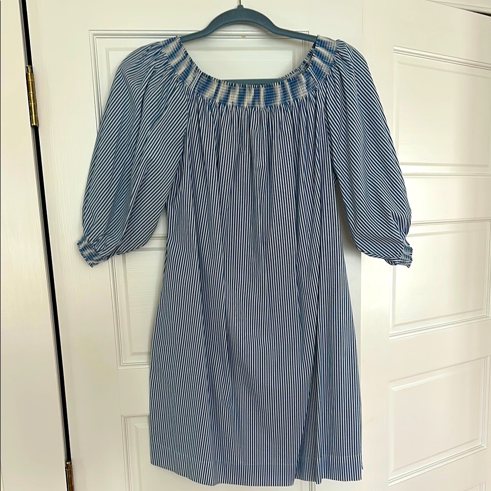 Trina Turk Blue & White Stipe Cotton Dress with Elastic Neckline On/Off Shoulder